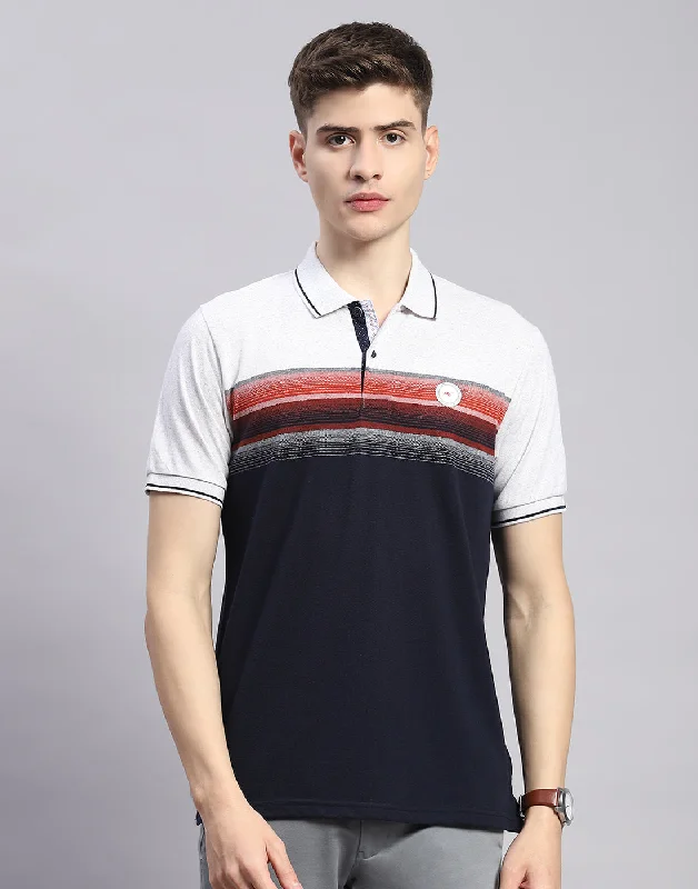 Men Navy Blue Stripe Polo Collar Half Sleeve T-Shirt